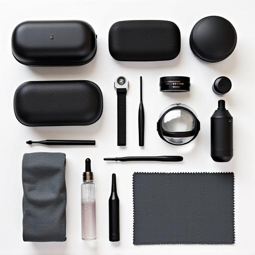 An assortment of optical accessories including lens cloths and cases